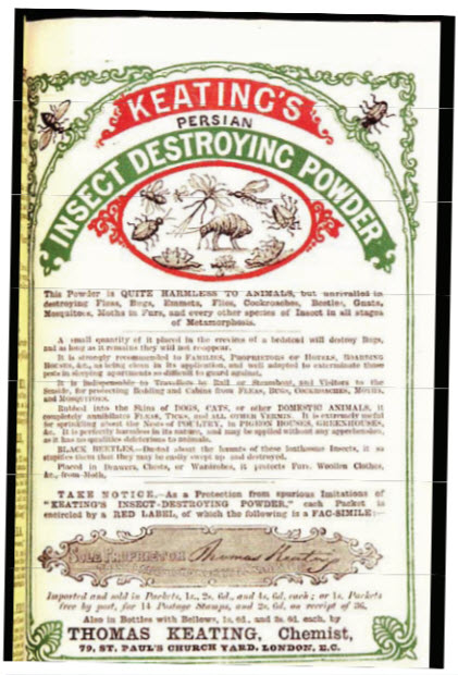 Fig. 3. Uno de los primeros asesinos de chinches de cama efectivos fue el polvo de piretro. Una marca popular utilizada a mediados del siglo XIX era el polvo pérsico para la destrucción de insectos de Keating (Keating’s Persian Insect Destroying Powder)